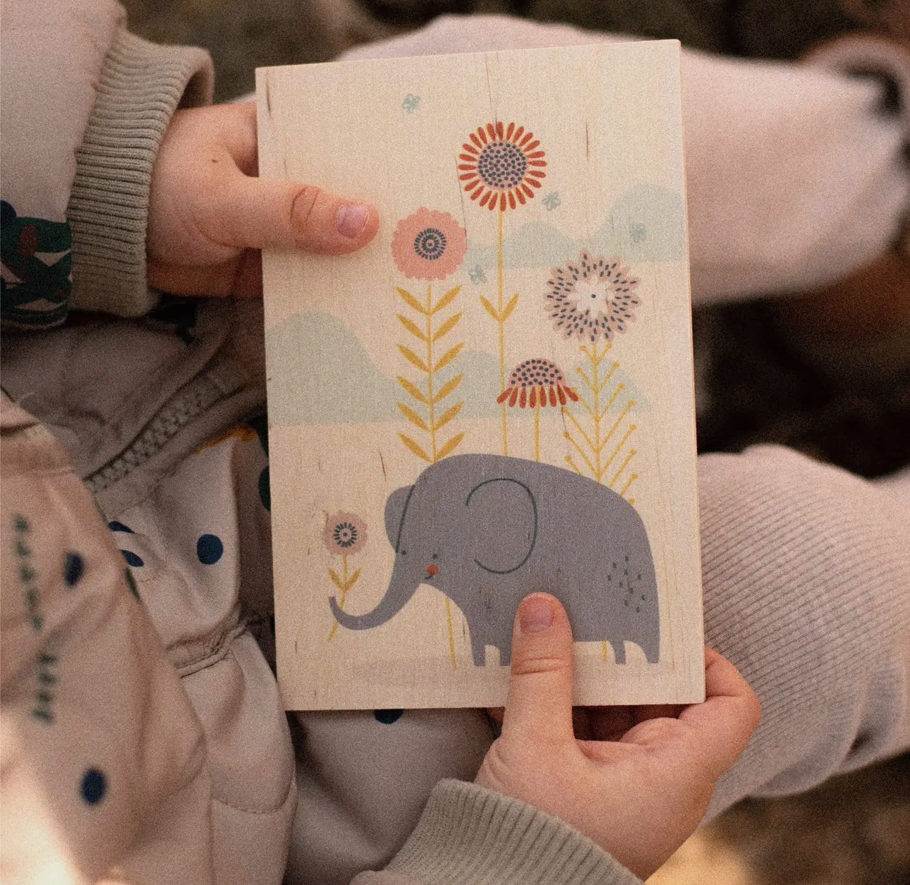 Holzpostkarte, Postkarte Glückselefant