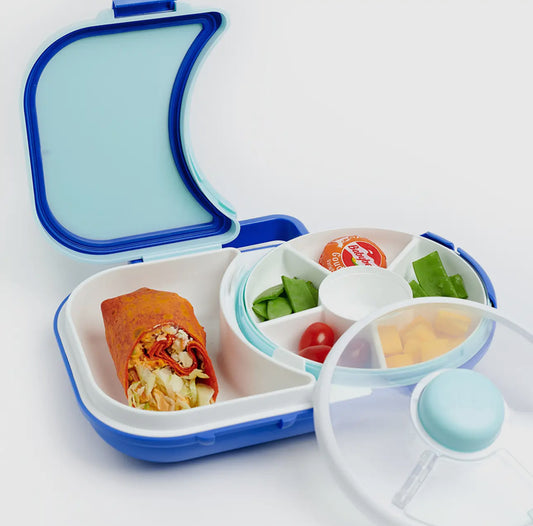 GoBe Lunchbox für Kinder, 2-in-1, mit kleinem Snack-Spinner-Flip | Farbe: blau